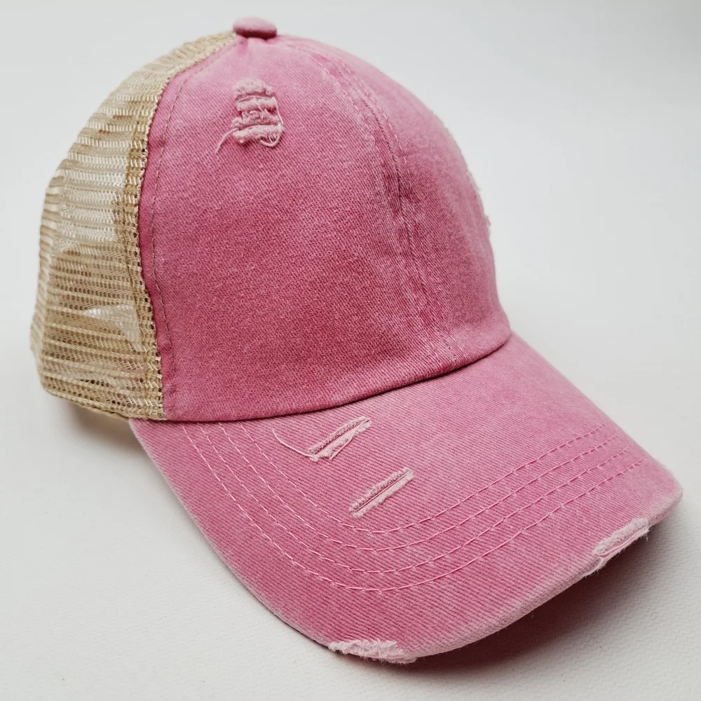 Ponytail Criss-cross Mesh Trucker Women's Cap Hat Distressed Pink